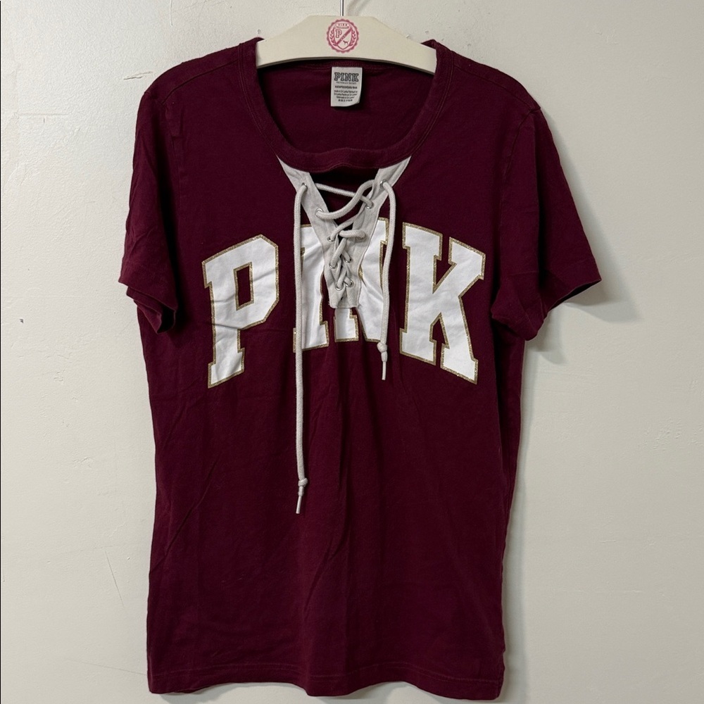 PINK Victoria's Secret Maroon Lace-Up Tee with White Accents 2018